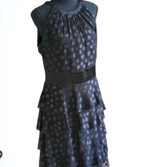 JONES&CO. BLACK COCKTAIL RUFFLE TIERED KNEE-LENGTH HALTER NECK DRESS ( SIZE 10 ) - Picture 2 of 11
